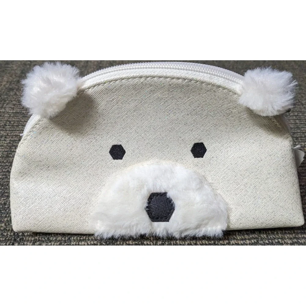 Retired Bath Body Works Cosmetic‎ Bag Polar Bear With Fur & Face Glitter White